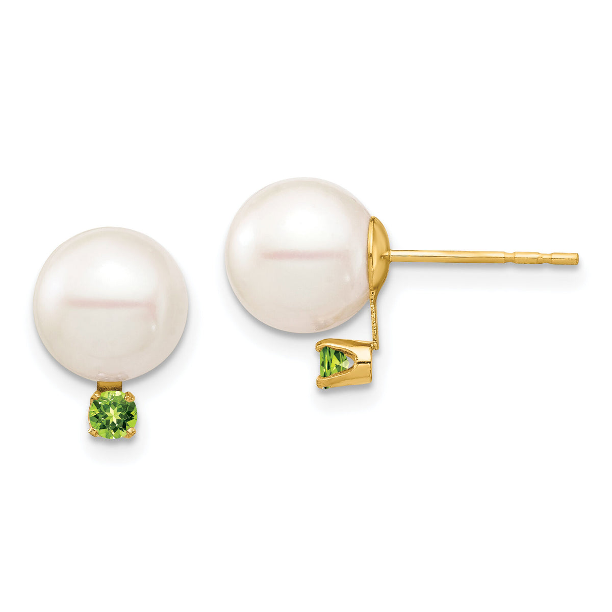 14K 8-8.5mm White Round Freshwater Cultured Pearl Peridot Post Earrings-XF754E/PE