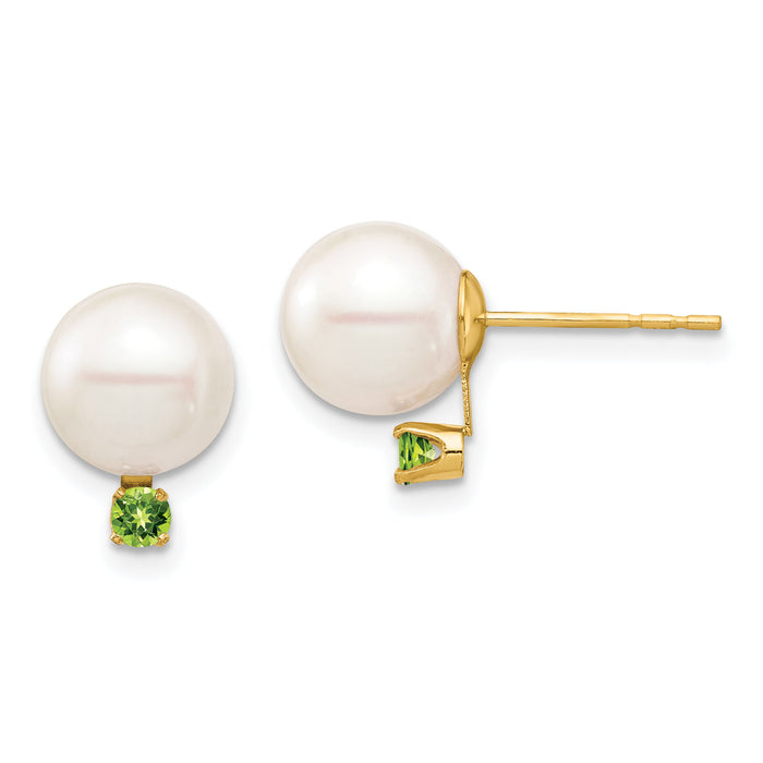 14K 8-8.5mm White Round Freshwater Cultured Pearl Peridot Post Earrings-XF754E/PE