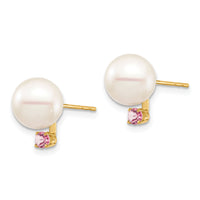 14K 8-8.5mm White Round Freshwater Cultured Pearl Pink Topaz Post Earrings-XF754E/PT