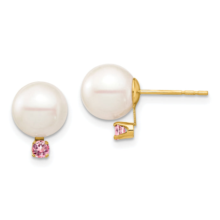 14K 8-8.5mm White Round Freshwater Cultured Pearl Pink Topaz Post Earrings-XF754E/PT