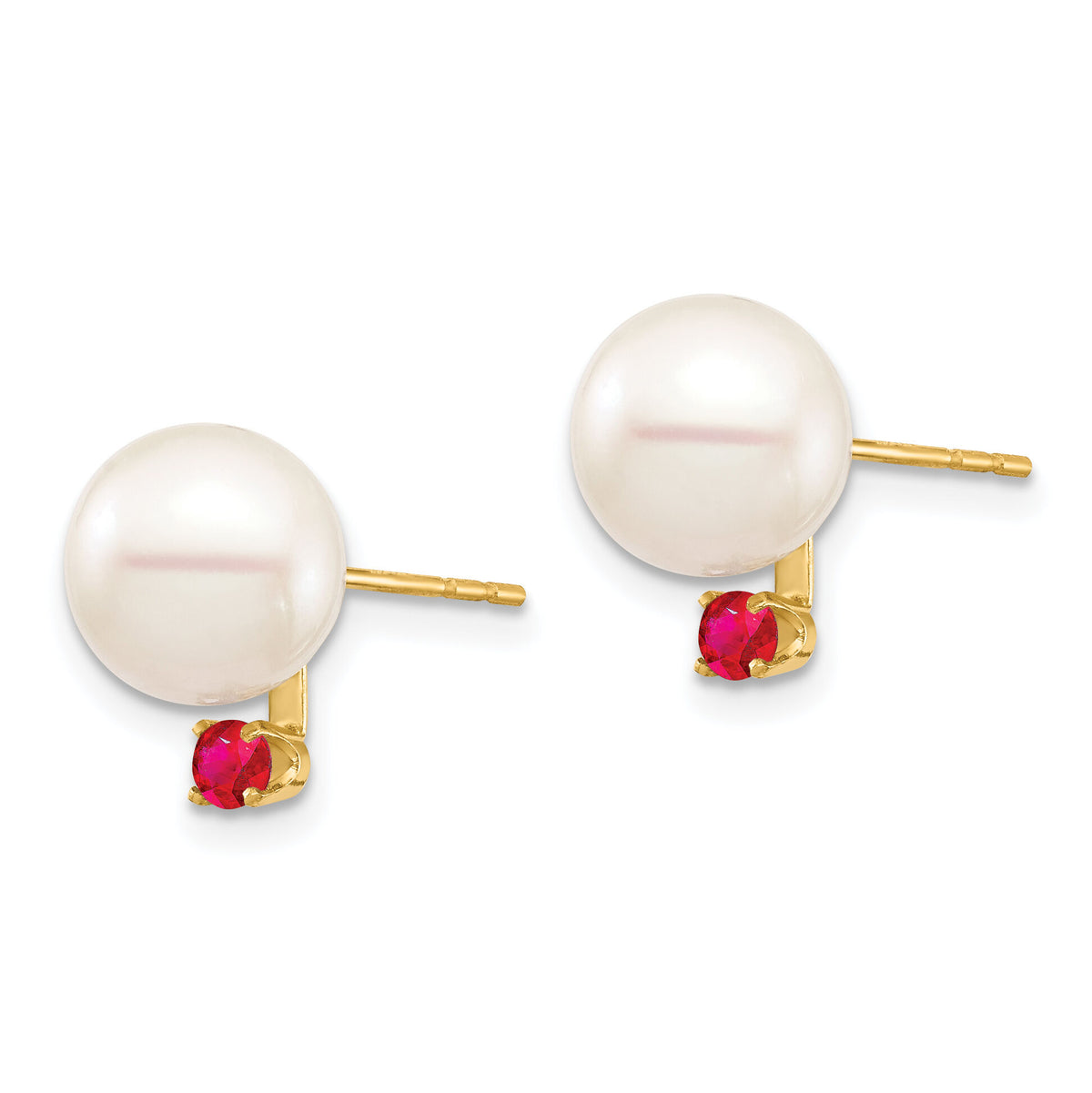 14K 8-8.5mm White Round Freshwater Cultured Pearl Ruby Post Earrings-XF754E/R