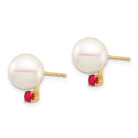 14K 8-8.5mm White Round Freshwater Cultured Pearl Ruby Post Earrings-XF754E/R