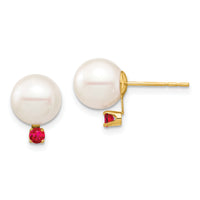 14K 8-8.5mm White Round Freshwater Cultured Pearl Ruby Post Earrings-XF754E/R