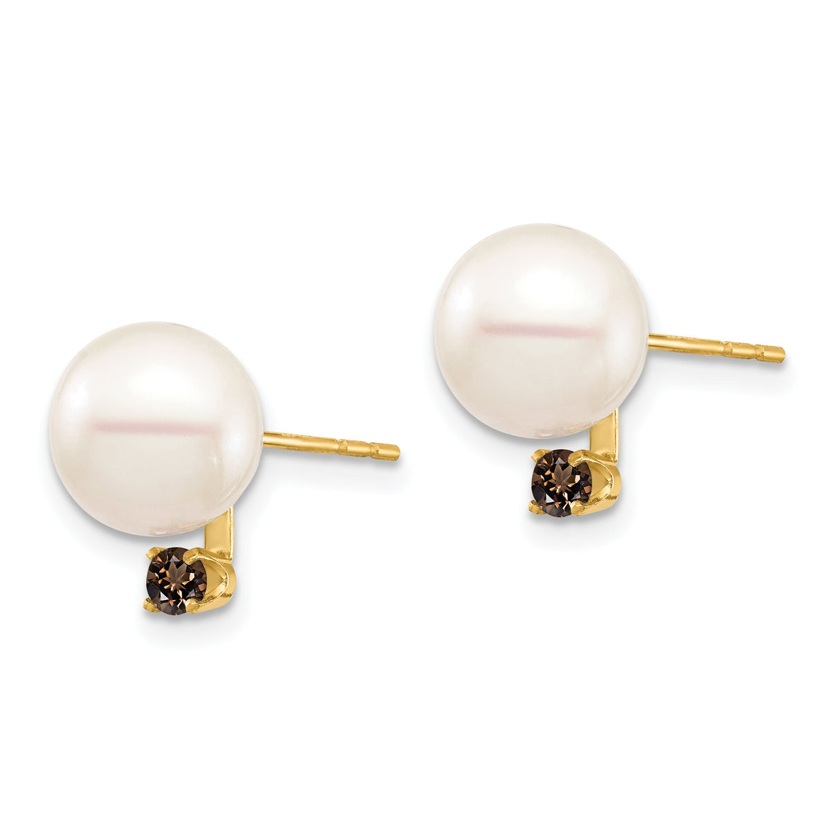 14K 8-8.5mm White Round Freshwater Cultured Pearl Smoky Quartz Post Earring-XF754E/SQ
