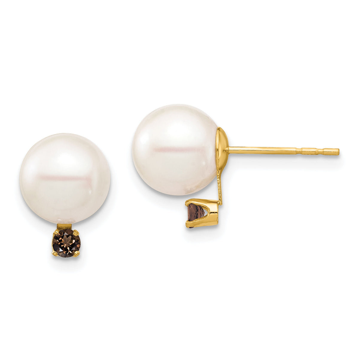 14K 8-8.5mm White Round Freshwater Cultured Pearl Smoky Quartz Post Earring-XF754E/SQ