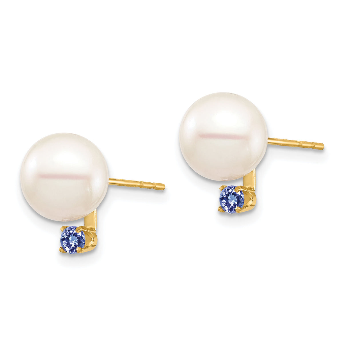 14K 8-8.5mm White Round Freshwater Cultured Pearl Tanzanite Post Earrings-XF754E/TZ