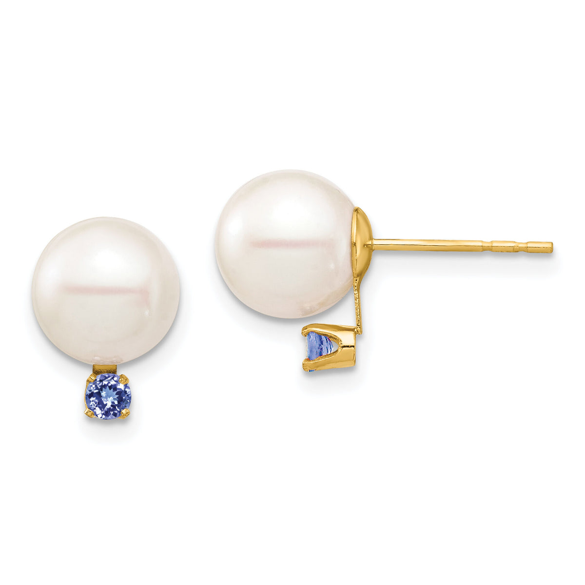 14K 8-8.5mm White Round Freshwater Cultured Pearl Tanzanite Post Earrings-XF754E/TZ