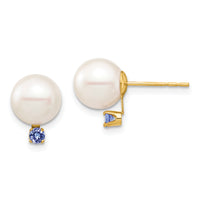 14K 8-8.5mm White Round Freshwater Cultured Pearl Tanzanite Post Earrings-XF754E/TZ