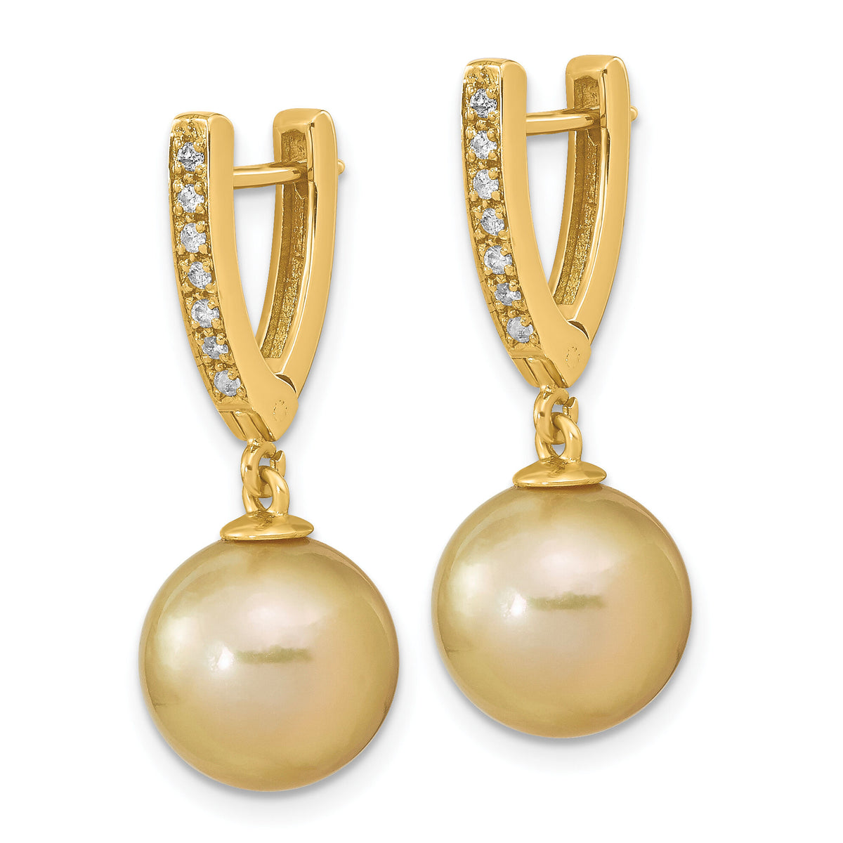 14K 10-11mm Round Golden Saltwater South Sea Pearl .105ct. Dia. Dangle Earr-XF757E