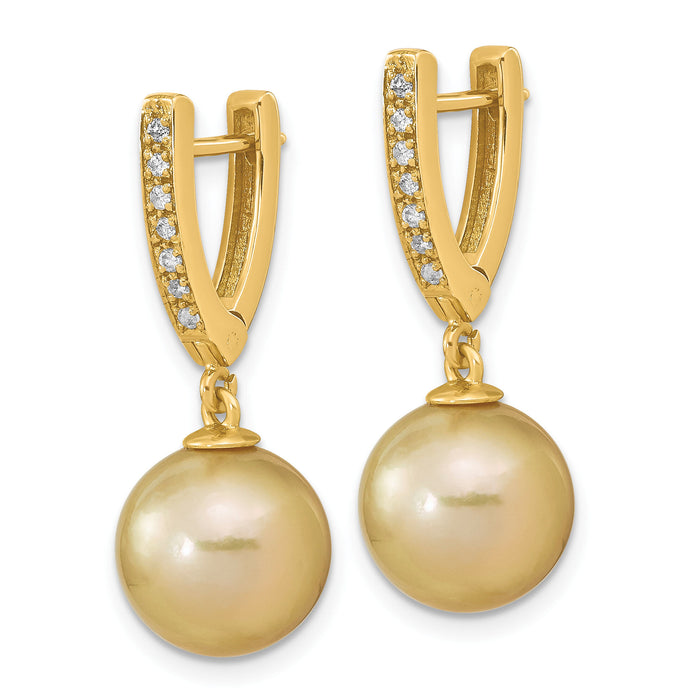 14K 10-11mm Round Golden Saltwater South Sea Pearl .105ct. Dia. Dangle Earr-XF757E