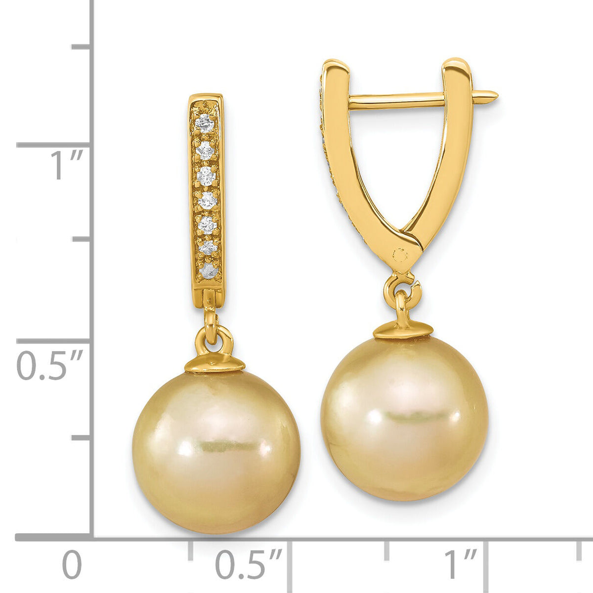 14K 10-11mm Round Golden Saltwater South Sea Pearl .105ct. Dia. Dangle Earr-XF757E