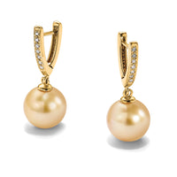 14K 10-11mm Round Golden Saltwater South Sea Pearl .105ct. Dia. Dangle Earr-XF757E