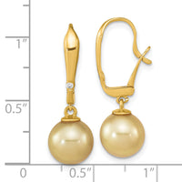 14K 9-10mm Round Golden Saltwater South Sea Pearl .02ct Dia. Earrings-XF758E
