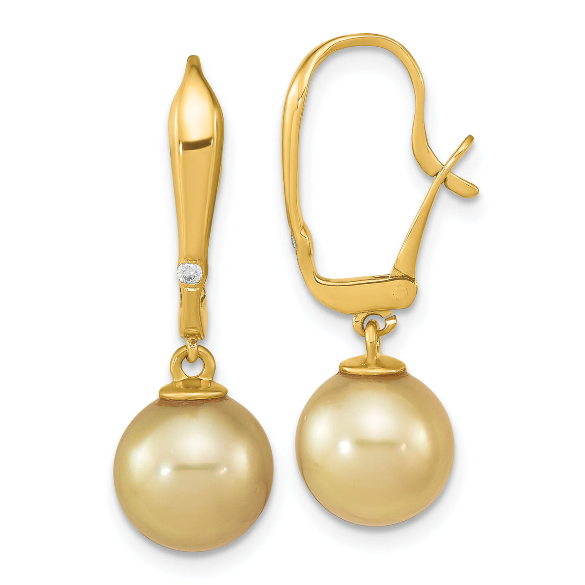 14K 9-10mm Round Golden Saltwater South Sea Pearl .02ct Dia. Earrings-XF758E