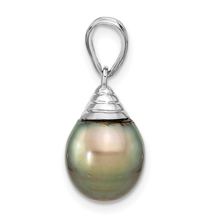 14K White Gold 9-10mm Teardrop Black Saltwater Tahitian Pearl Pendant-XF759