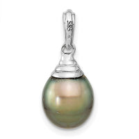 14K White Gold 9-10mm Teardrop Black Saltwater Tahitian Pearl Pendant-XF759