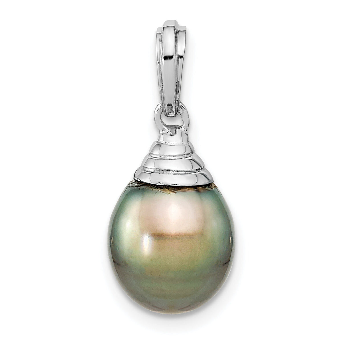 14K White Gold 9-10mm Teardrop Black Saltwater Tahitian Pearl Pendant-XF759