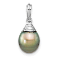 14K White Gold 9-10mm Teardrop Black Saltwater Tahitian Pearl Pendant-XF759