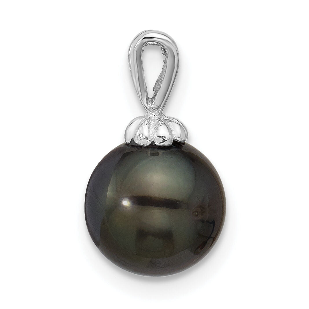 14K White Gold 8-9mm Round Black Saltwater Tahitian Pearl Pendant-XF761