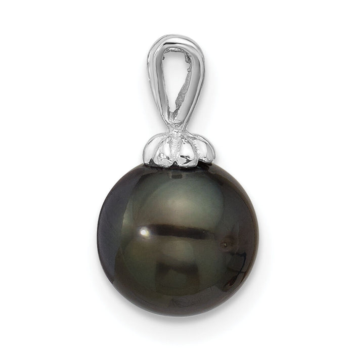 14K White Gold 8-9mm Round Black Saltwater Tahitian Pearl Pendant-XF761