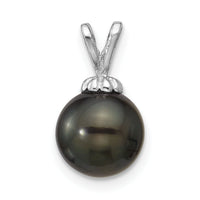 14K White Gold 8-9mm Round Black Saltwater Tahitian Pearl Pendant-XF761