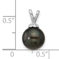 14K White Gold 8-9mm Round Black Saltwater Tahitian Pearl Pendant-XF761