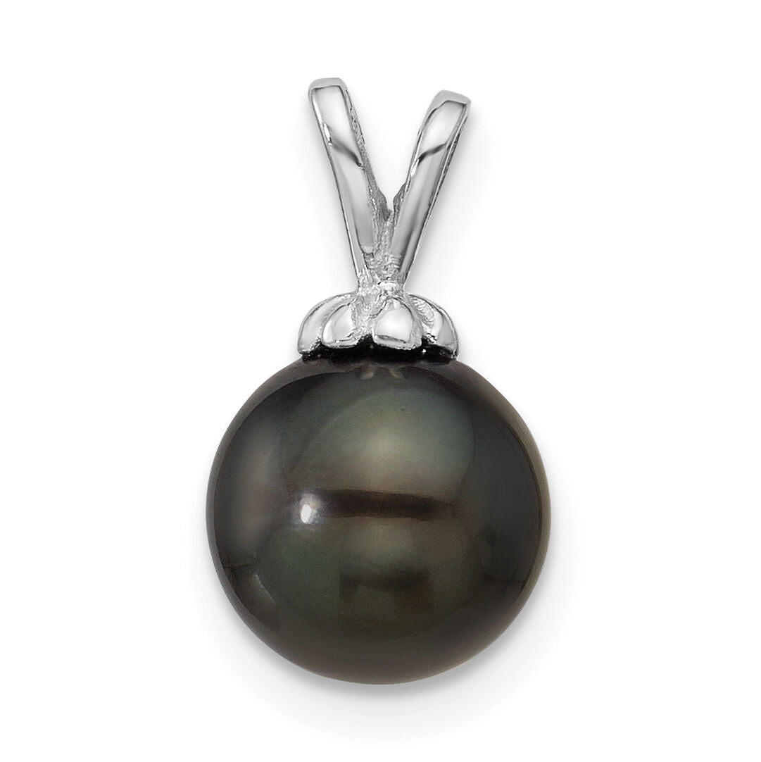 14K White Gold 8-9mm Round Black Saltwater Tahitian Pearl Pendant-XF761