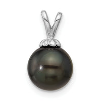 14K White Gold 8-9mm Round Black Saltwater Tahitian Pearl Pendant-XF761