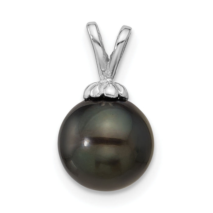 14K White Gold 8-9mm Round Black Saltwater Tahitian Pearl Pendant-XF761