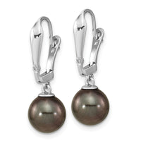14K WG 9-10mm Round Black Saltwater Tahitian Pearl .02ct Dia. Dangle Earrin-XF762E