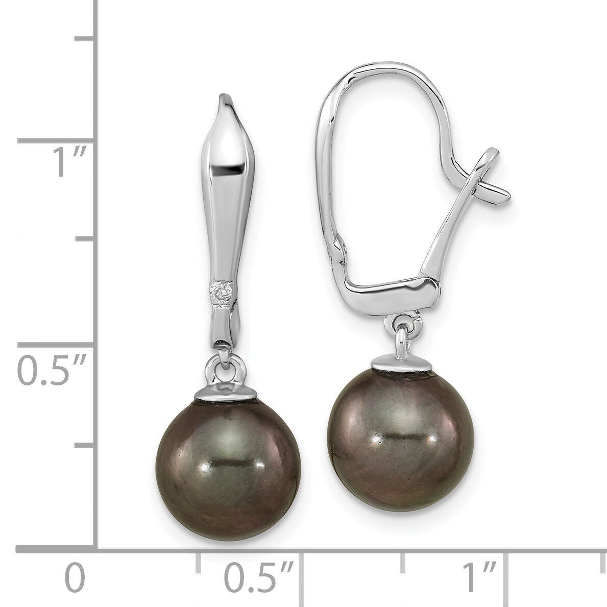 14K WG 9-10mm Round Black Saltwater Tahitian Pearl .02ct Dia. Dangle Earrin-XF762E
