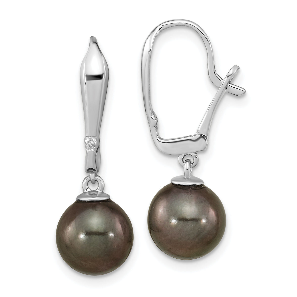 14K WG 9-10mm Round Black Saltwater Tahitian Pearl .02ct Dia. Dangle Earrin-XF762E