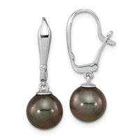 14K WG 9-10mm Round Black Saltwater Tahitian Pearl .02ct Dia. Dangle Earrin-XF762E