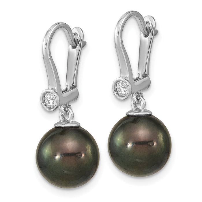 14K White Gold 9-10mm Round Black Saltwater Tahitian Pearl .10ct Dia. Dang-XF763E