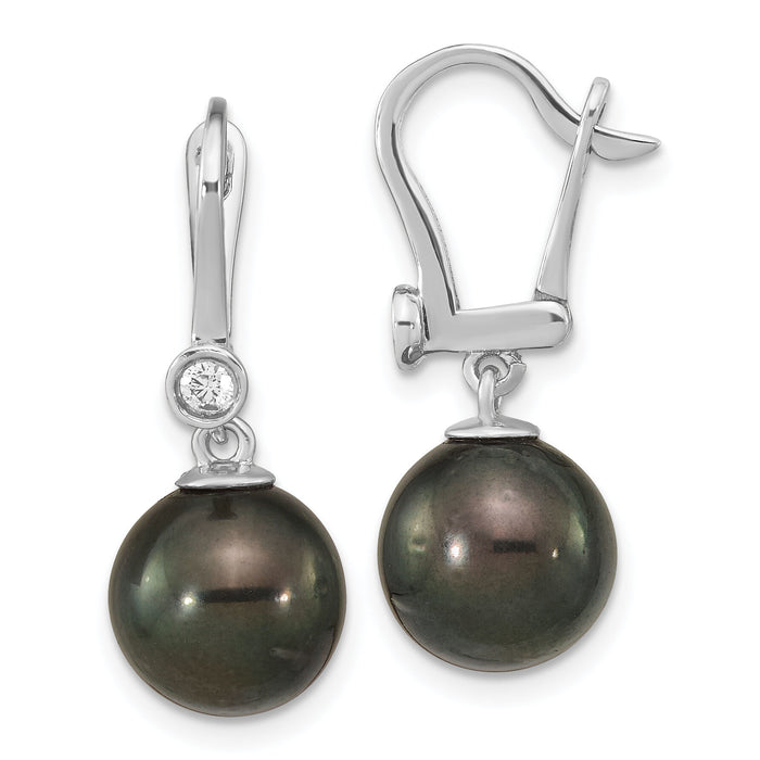 14K White Gold 9-10mm Round Black Saltwater Tahitian Pearl .10ct Dia. Dang-XF763E