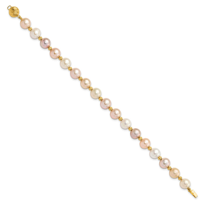 14K 8-9mm Semi-round Pink Purple White FWC Pearl D/C Beaded Bracelet-XF768-7.5