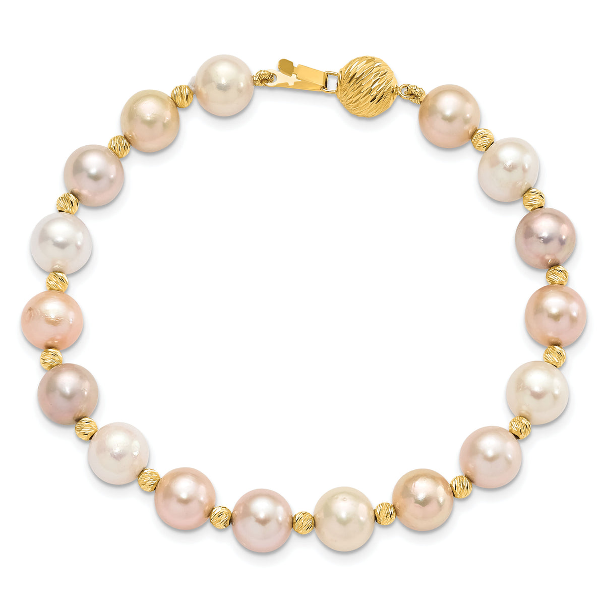 14K 8-9mm Semi-round Pink Purple White FWC Pearl D/C Beaded Bracelet-XF768-7.5