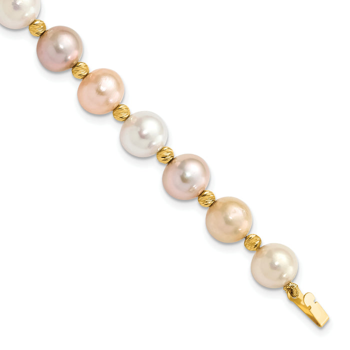 14K 8-9mm Semi-round Pink Purple White FWC Pearl D/C Beaded Bracelet-XF768-7.5