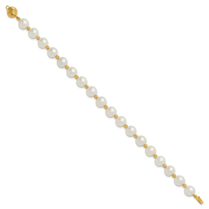 14k 8-9mm Near-Round FWC Pearl and D/C Beaded 7.5in Bracelet-XF768W-7.5