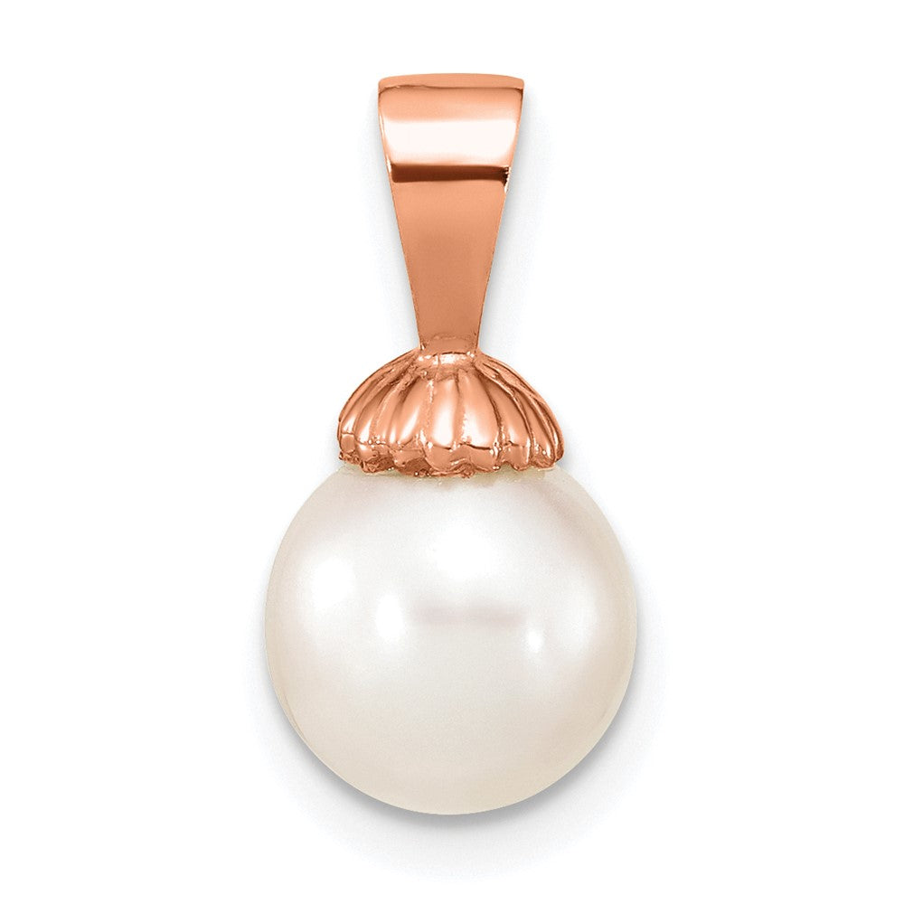 14K Rose Gold 8-9mm White Round Freshwater Cultured Pearl Pendant-XF774R