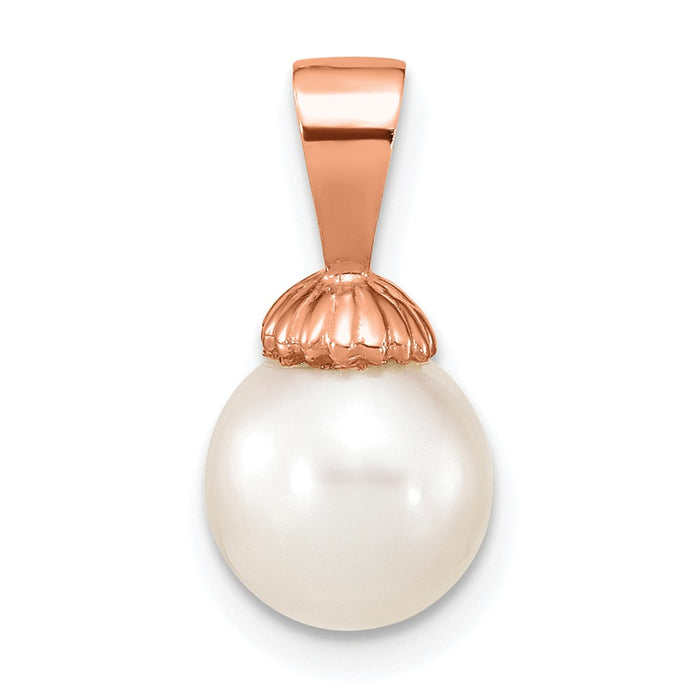 14K Rose Gold 8-9mm White Round Freshwater Cultured Pearl Pendant-XF774R