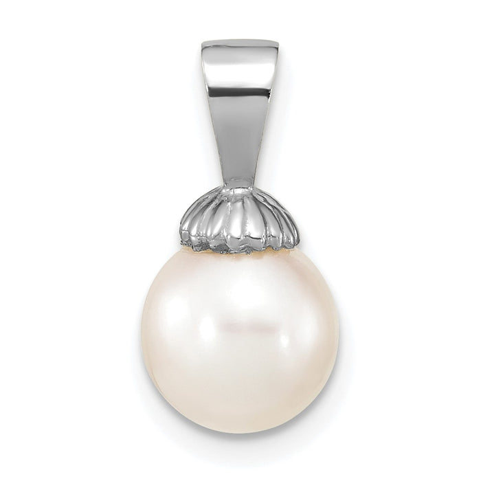 14K White Gold 8-9mm White Round Freshwater Cultured Pearl Pendant-XF774W