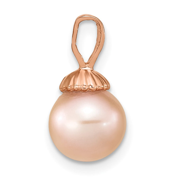 14K Rose Gold 8-9mm Round Pink Freshwater Cultured Pearl Pendant-XF775