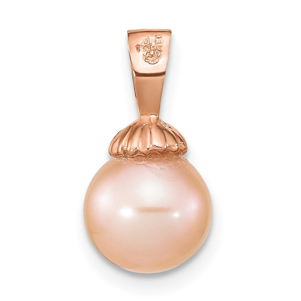 14K Rose Gold 8-9mm Round Pink Freshwater Cultured Pearl Pendant-XF775