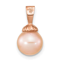 14K Rose Gold 8-9mm Round Pink Freshwater Cultured Pearl Pendant-XF775