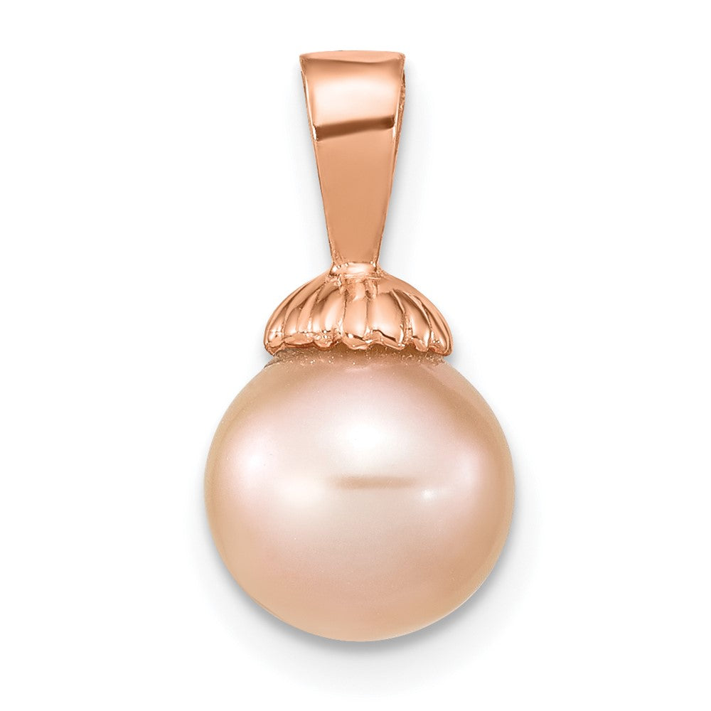 14K Rose Gold 8-9mm Round Pink Freshwater Cultured Pearl Pendant-XF775