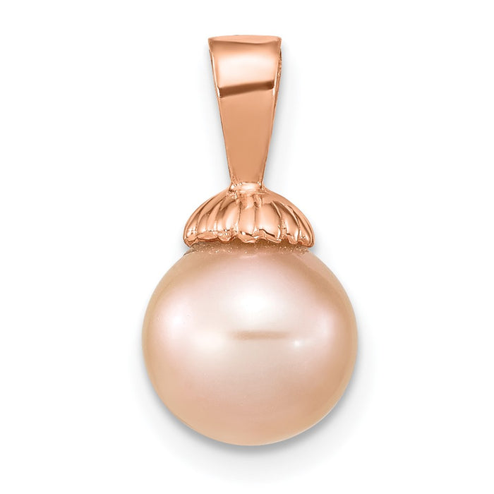 14K Rose Gold 8-9mm Round Pink Freshwater Cultured Pearl Pendant-XF775