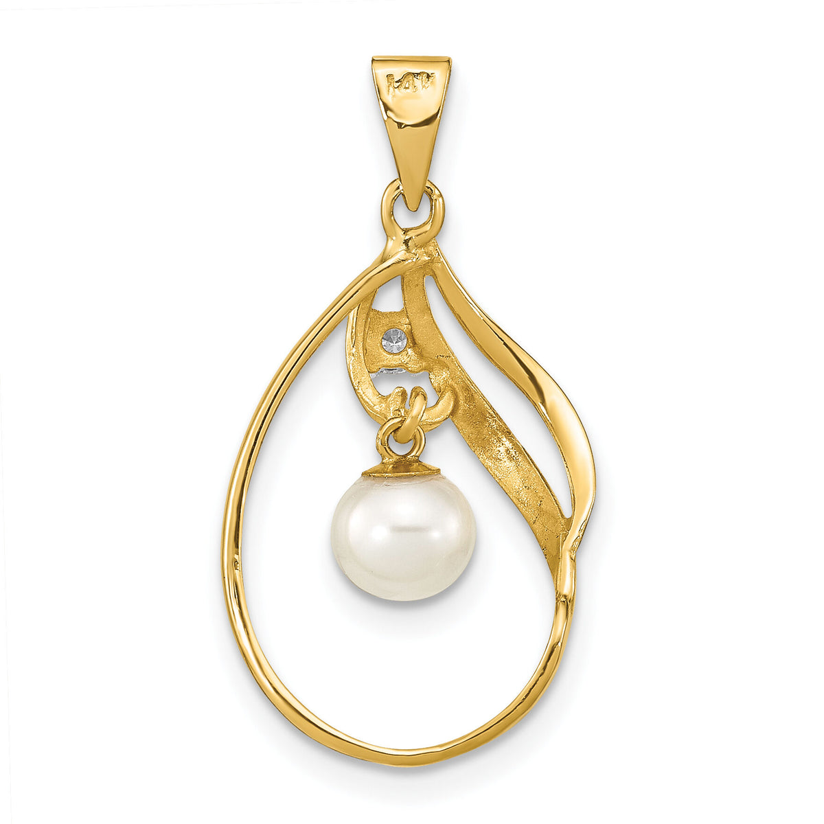 14K 5-6mm Round White FWC Pearl .05ct. Diamond Pendant-XF782