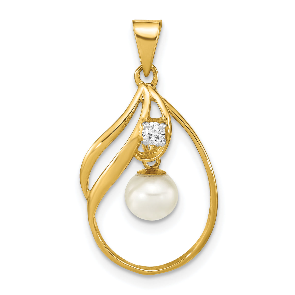 14K 5-6mm Round White FWC Pearl .05ct. Diamond Pendant-XF782