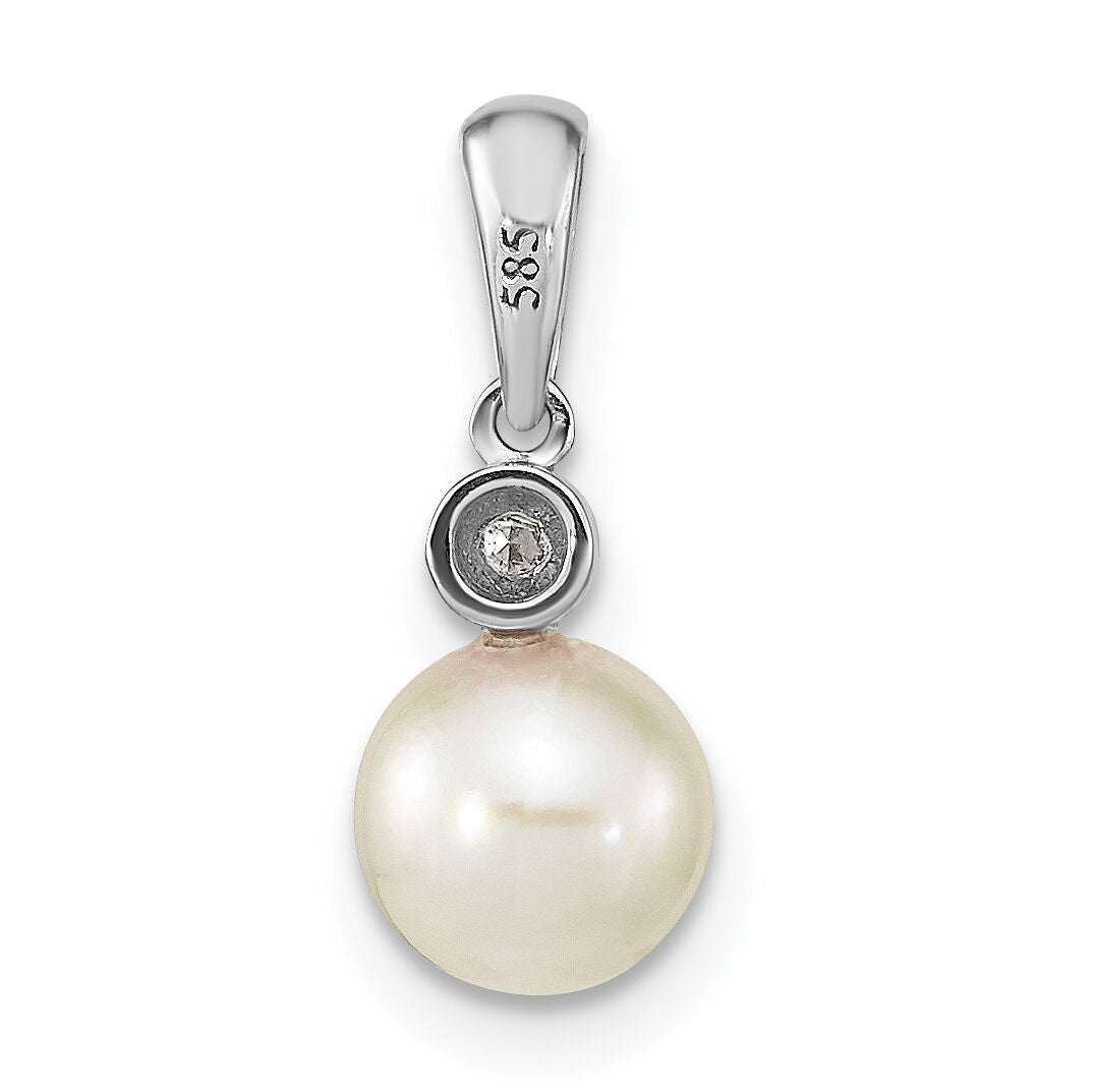 14K White Gold 6-7mm Round White Saltwater Akoya Pearl .05ct. Dia. Pendant-XF784